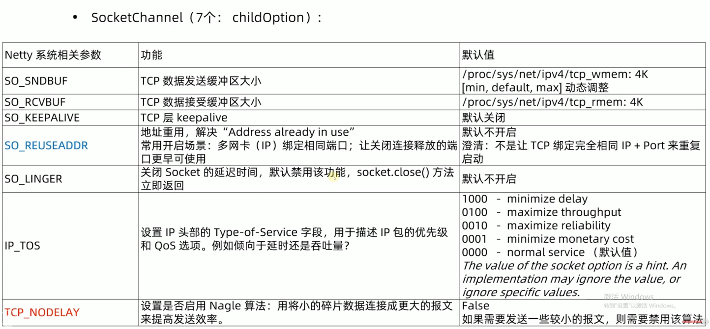 Netty支持的调优参数表